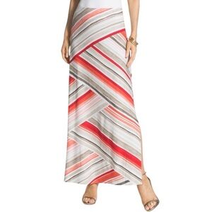 CHICO’S Red Tan Orange White Striped Pull On Stretch Jersey Knit Maxi Skirt